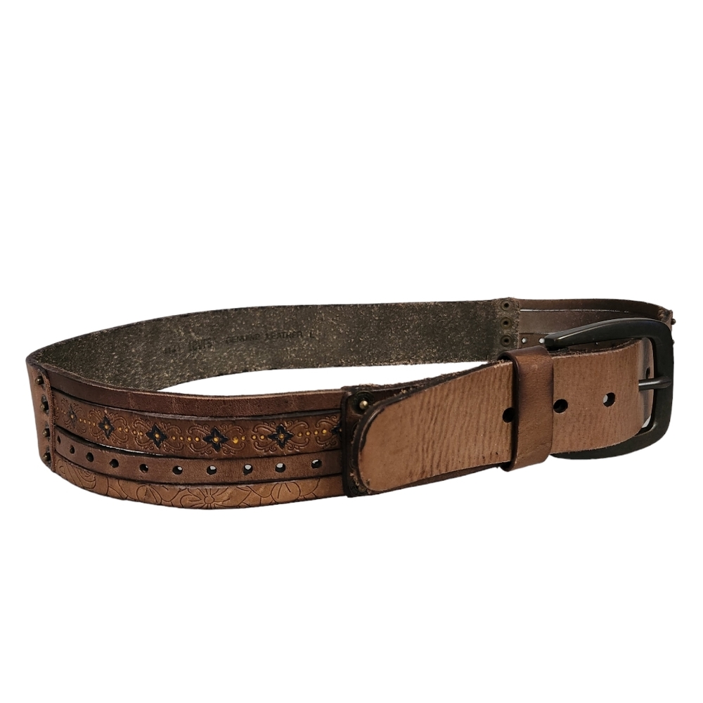 Levis Womens Sz L Brown Leather Belt Embossed Boho Tooled Floral Pattern